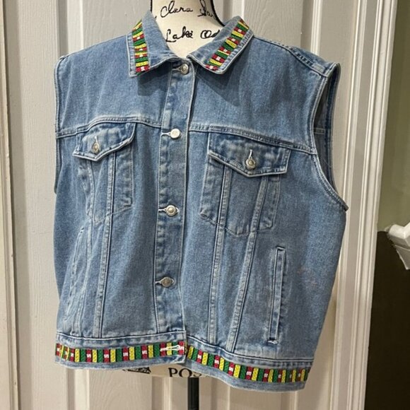 DENIM VEST Y2K 90’s COLORFUL EMBROIDERED Sz 22W BIKER ROCK HIPPIE AESTHETIC - Picture 11 of 14